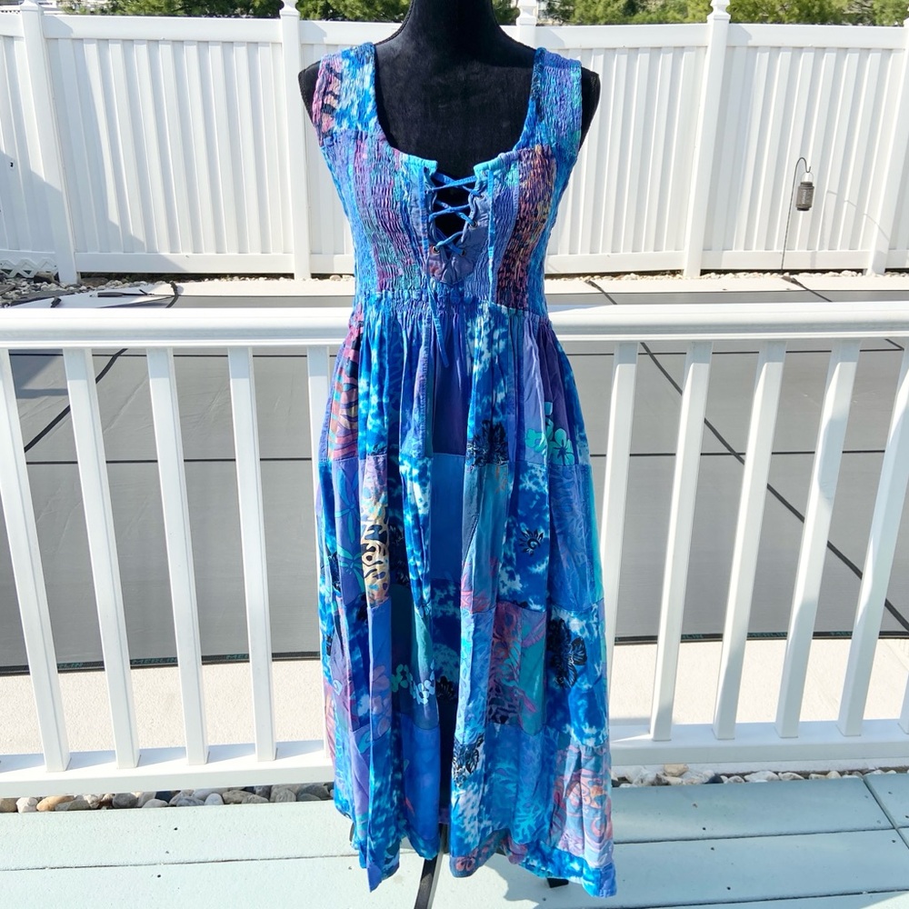 Vintage S&S Indonesian Blue Boho Batik-Style Tie Dye Patchwork Maxi Dress Large